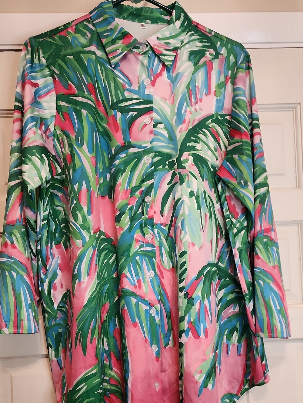 Vibrant Palm Print Long Sleeve ButtonUp Shirt Pink Green w/Collar 1XL Polyester